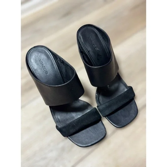 Vince Stylish Quinn Black Leather Suede Block Heel Mule Sandals Women's Size 7.5 - Picture 1 of 9
